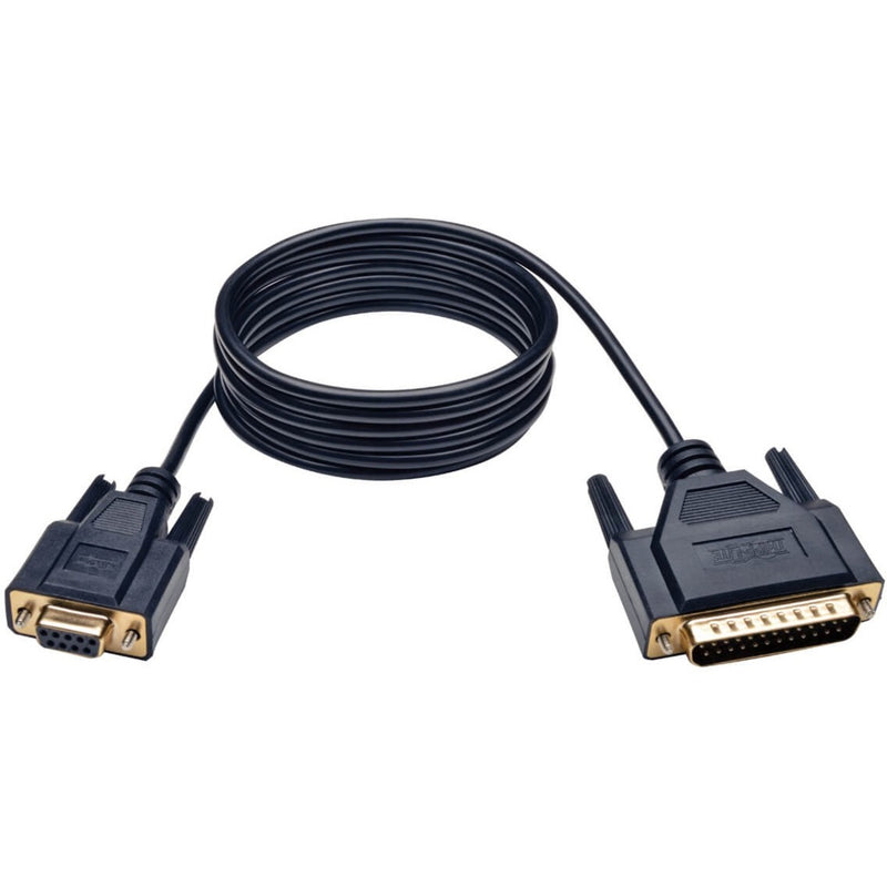 Black null modem cable with DB9 female connector on one end and DB25 male connector on other end, featuring gold-plated contacts