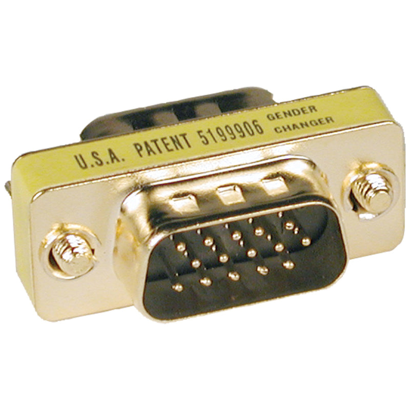 Gold-plated VGA male-to-male gender changer adapter showing 15-pin connector and mounting screws