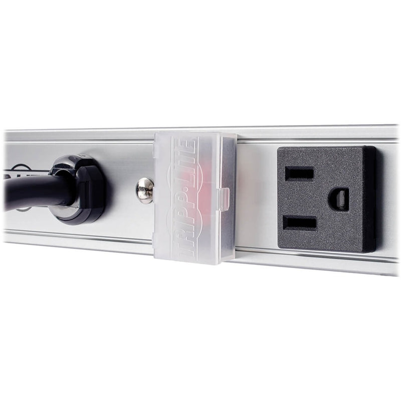 Detailed view of Tripp Lite PS3612 power strip outlets and cord management features