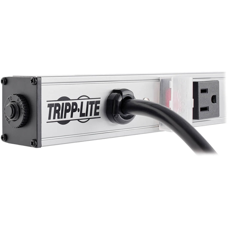 Close-up of Tripp Lite PS3612 power strip showing circuit breaker and locking switch cover