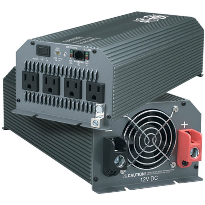 Tripp Lite PV1000HF power inverter showing 4 AC outlets, cooling fan, and DC terminal connections