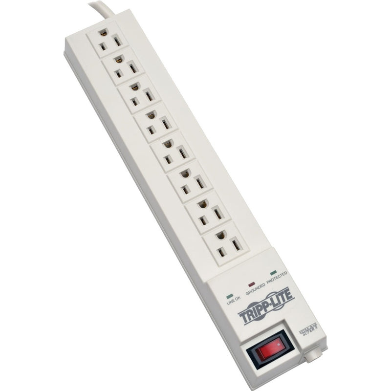 Front view of Tripp Lite SK6-6 surge suppressor showing eight outlets, diagnostic LEDs, and power switch