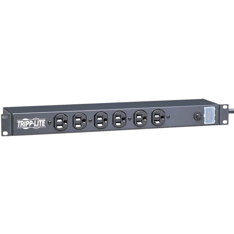 Front view of Tripp Lite RS-1215 rackmount power strip showing six front-facing outlets and illuminated power switch