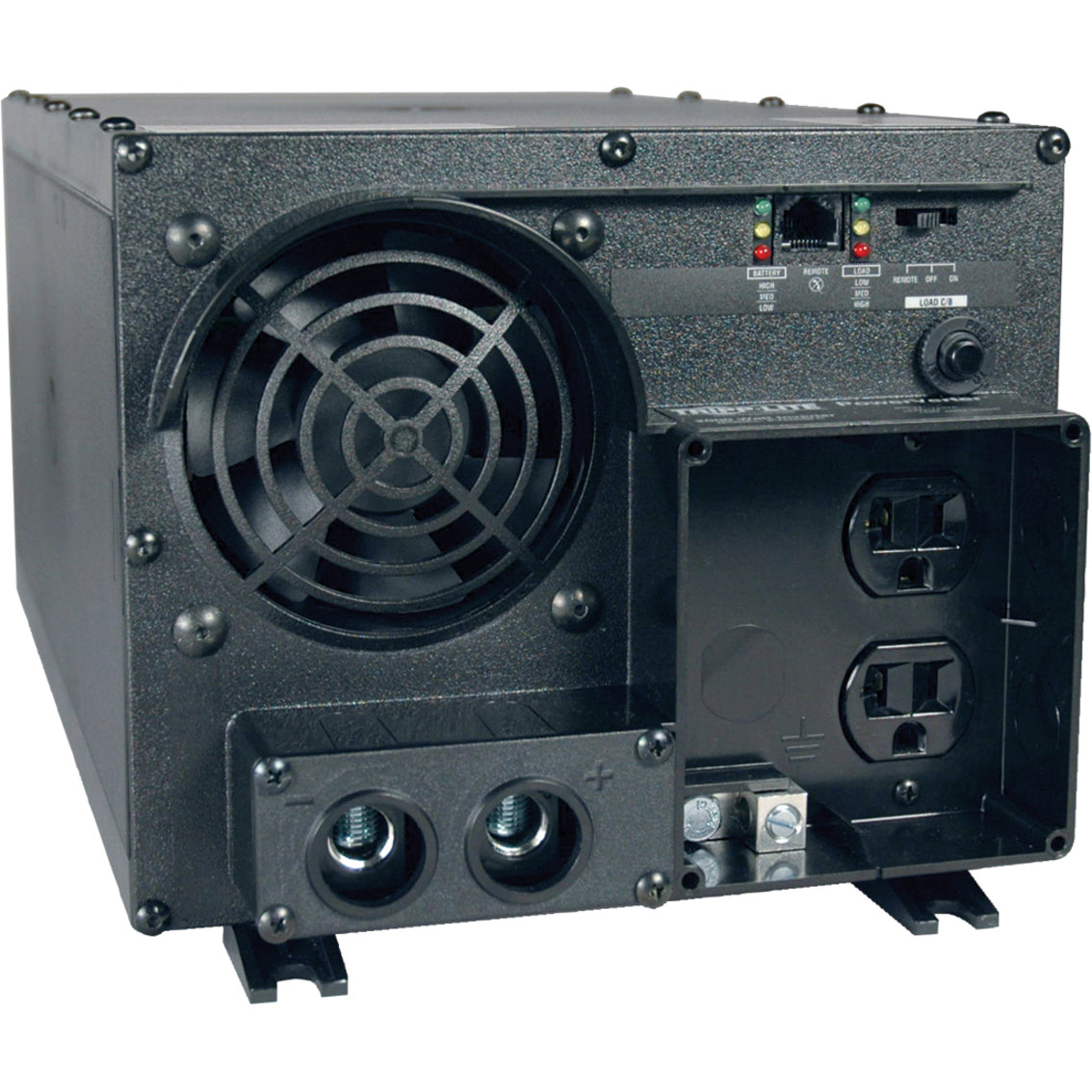 Tripp Lite PV2400FC PowerVerter Plus inverter showing cooling fan, dual AC outlets, and DC input terminals-alternate-image1