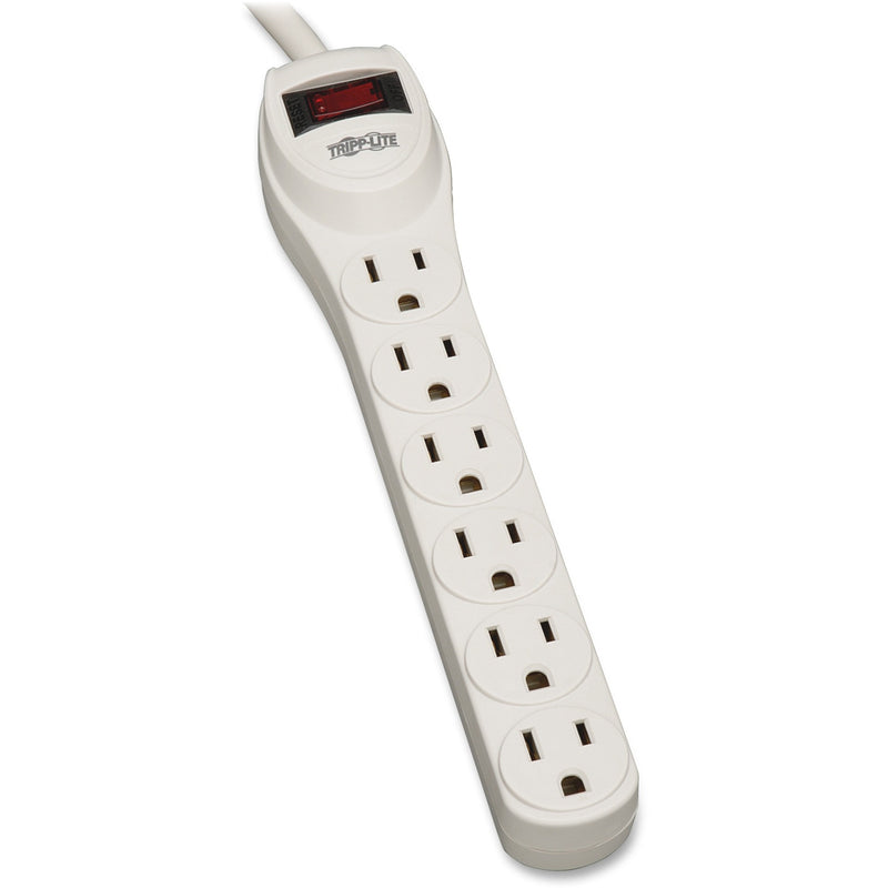 Front view of Tripp Lite TLP602 surge protector showing 6 outlets and illuminated power switch