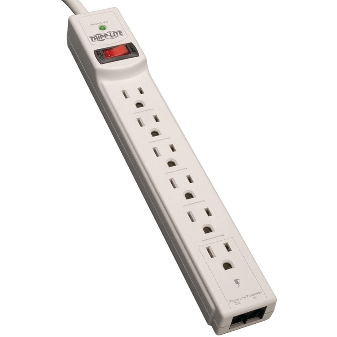 Tripp Lite TLP604TEL surge protector showing 6 outlets, power switch, and LED indicator-alternate-image1