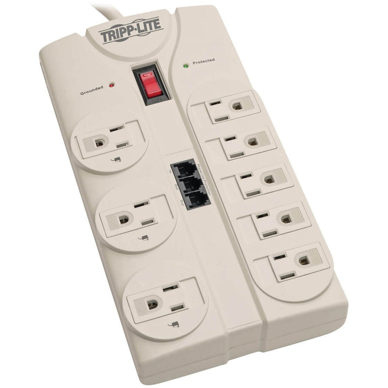 Front view of Tripp Lite TLP808TEL surge protector showing 8 outlets, power switch, and status LEDs