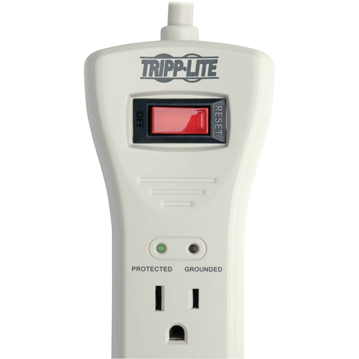 Detailed view of Tripp Lite SUPER7 surge protector top panel showing LED indicators and labeling-alternate-image5