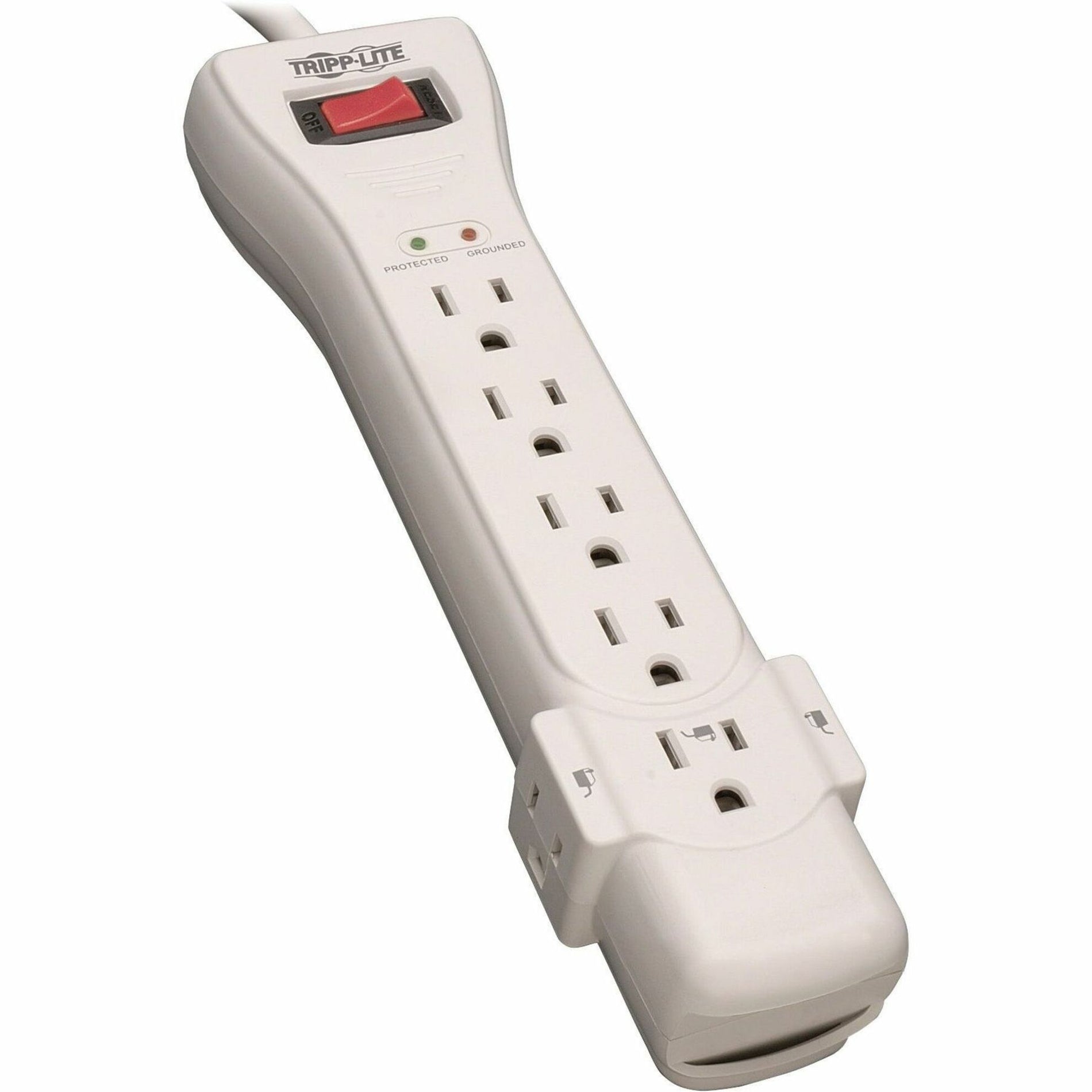 Front view of white Tripp Lite SUPER7 surge protector showing seven outlets, power switch, and LED indicators-alternate-image1