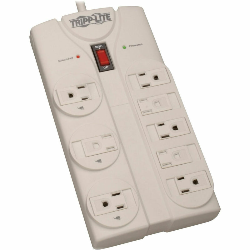 Front view of Tripp Lite TLP808 surge protector showing 8 outlets, LED indicators, and power switch