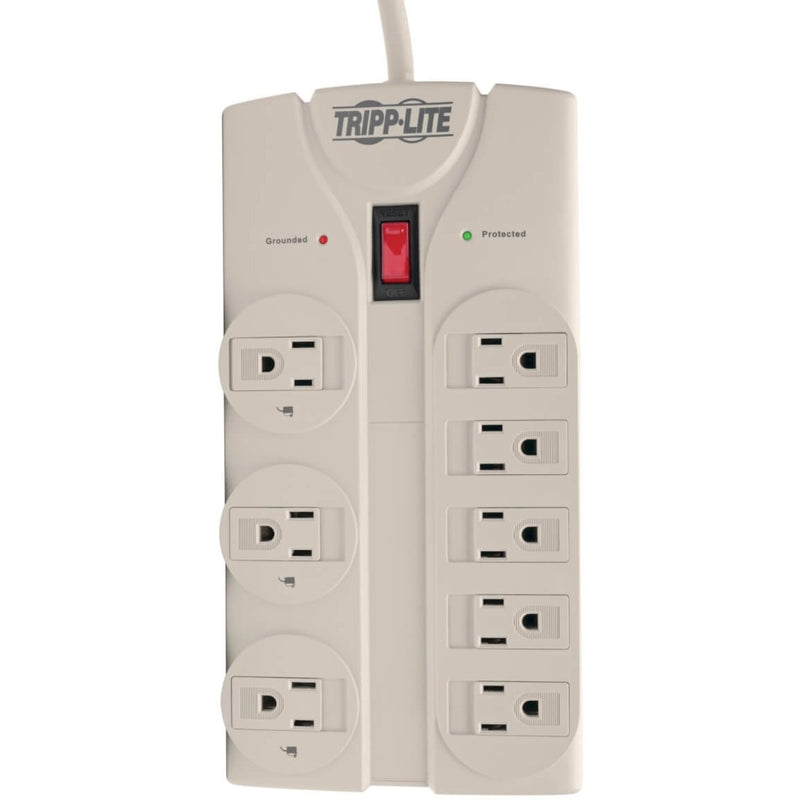 Detailed view of surge protector outlets and safety features