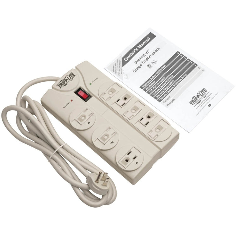 Full product package showing surge protector, power cord, and manual