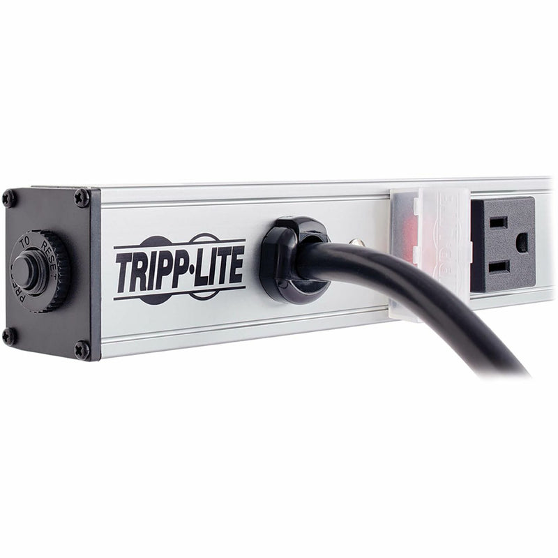 Close-up of Tripp Lite PS2408 power strip's locking switch and circuit breaker