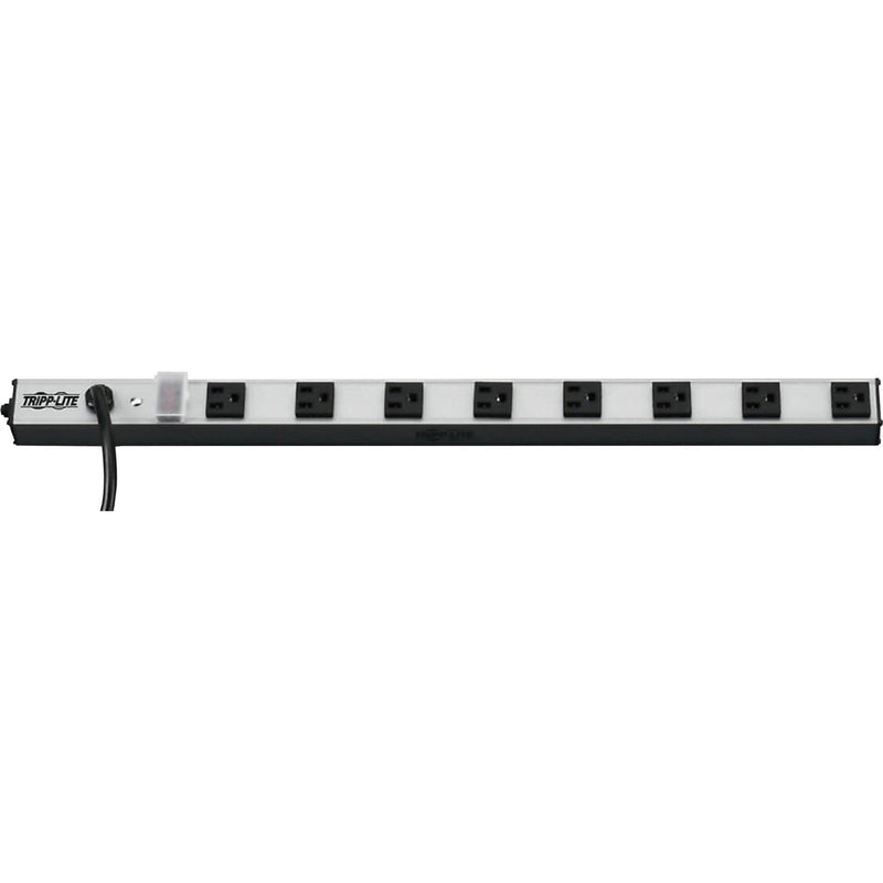 Front view of Tripp Lite PS2408 power strip showing eight evenly spaced outlets in metal housing