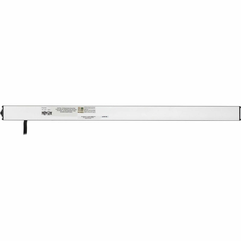 Back view of Tripp Lite PS2408 power strip showing safety certifications and specifications