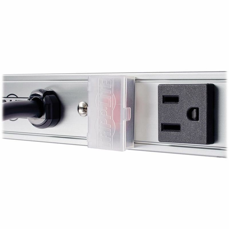 Detailed view of Tripp Lite PS2408 power strip outlet construction and mounting features