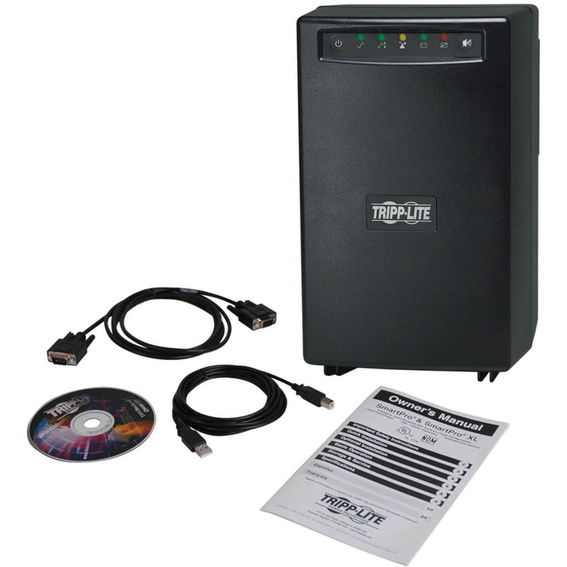 Tripp Lite SMART1500 UPS shown with included accessories, software, and documentation