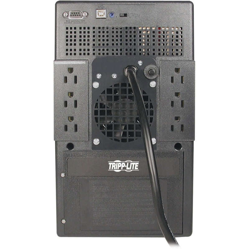 Rear view of Tripp Lite SMART1500 UPS showing outlets, ports, and cooling system