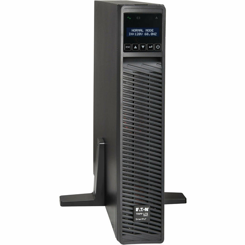 Angled view of Tripp Lite SMART2200RMXL2U UPS in tower orientation showing professional design