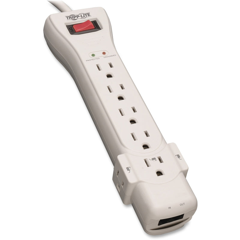 Tripp Lite SUPER7TEL surge protector showing 7 outlets, power switch, LED indicators, and phone line protection ports