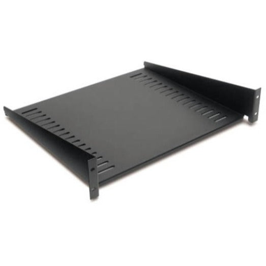 Side angle view of APC 2U rack shelf highlighting ventilation pattern and mounting structure