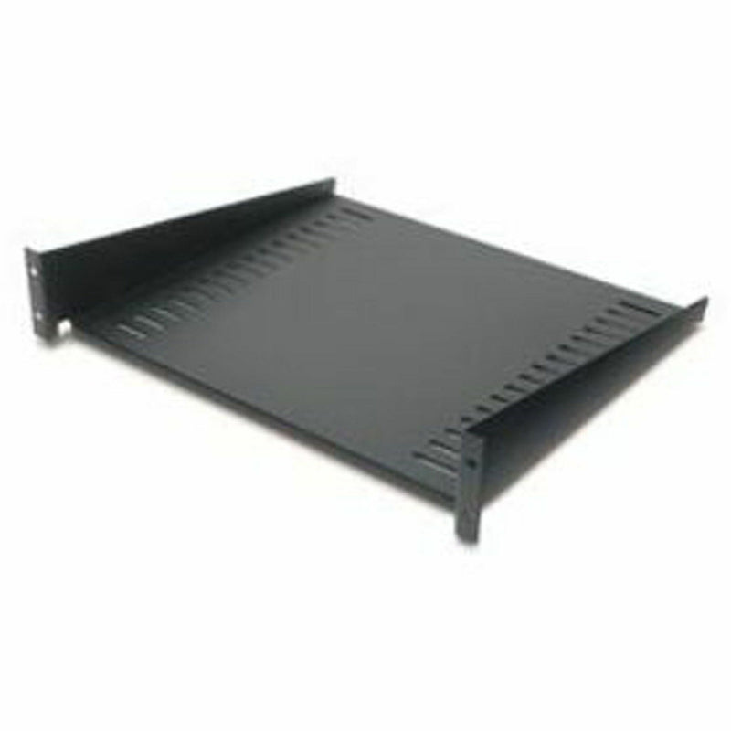 Front view of APC AR8105BLK 2U black ventilated cantilever rack shelf showing mounting brackets and ventilation pattern