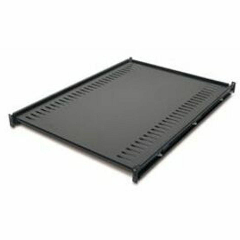 APC AR8122BLK fixed rack shelf showing ventilated sides and solid mounting surface in black finish