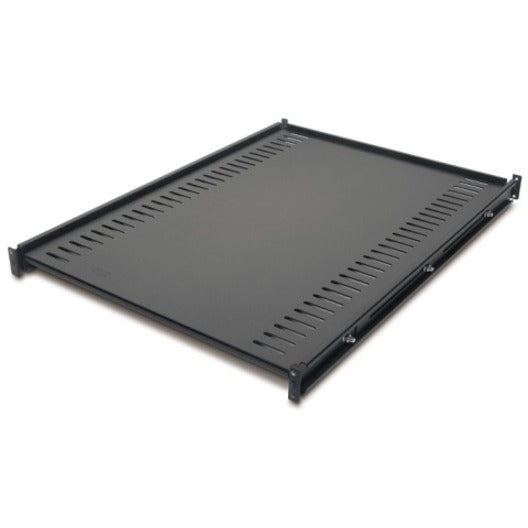 Close-up view of APC rack shelf ventilation pattern and mounting design