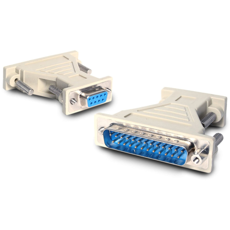 StarTech.com DB9 female to DB25 male serial adapter showing both connector ends with blue pin interfaces