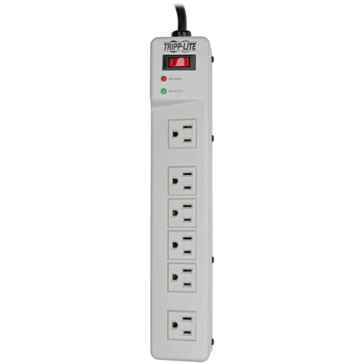 Full-length view of Tripp Lite TLM626 surge protector showing all six outlets and status indicators-alternate-image5