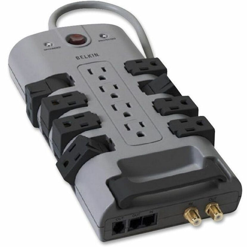 Belkin SurgeMaster 12-outlet surge protector with block-spaced outlets, phone and coaxial protection, and 8-foot power cord in gray