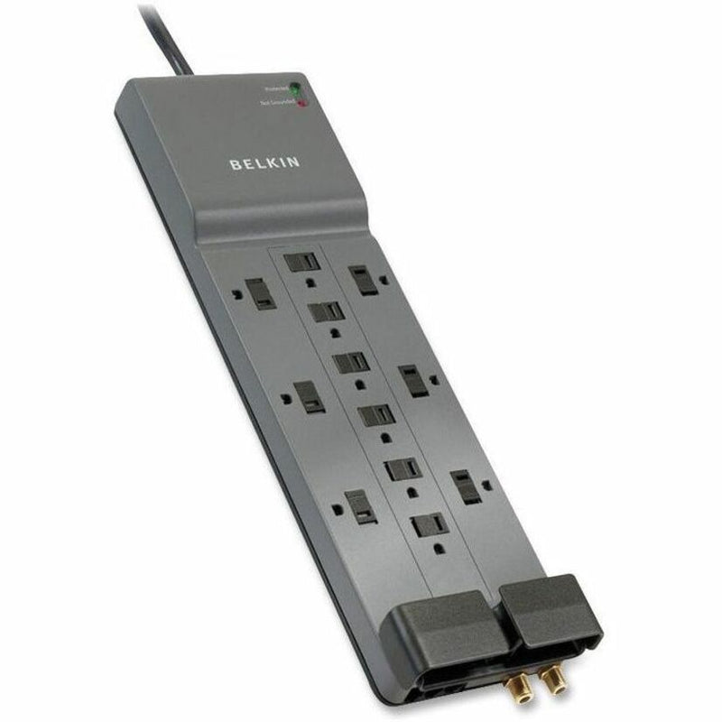 Belkin SurgeMaster 12-outlet surge protector in gray with coaxial protection ports and status indicator lights