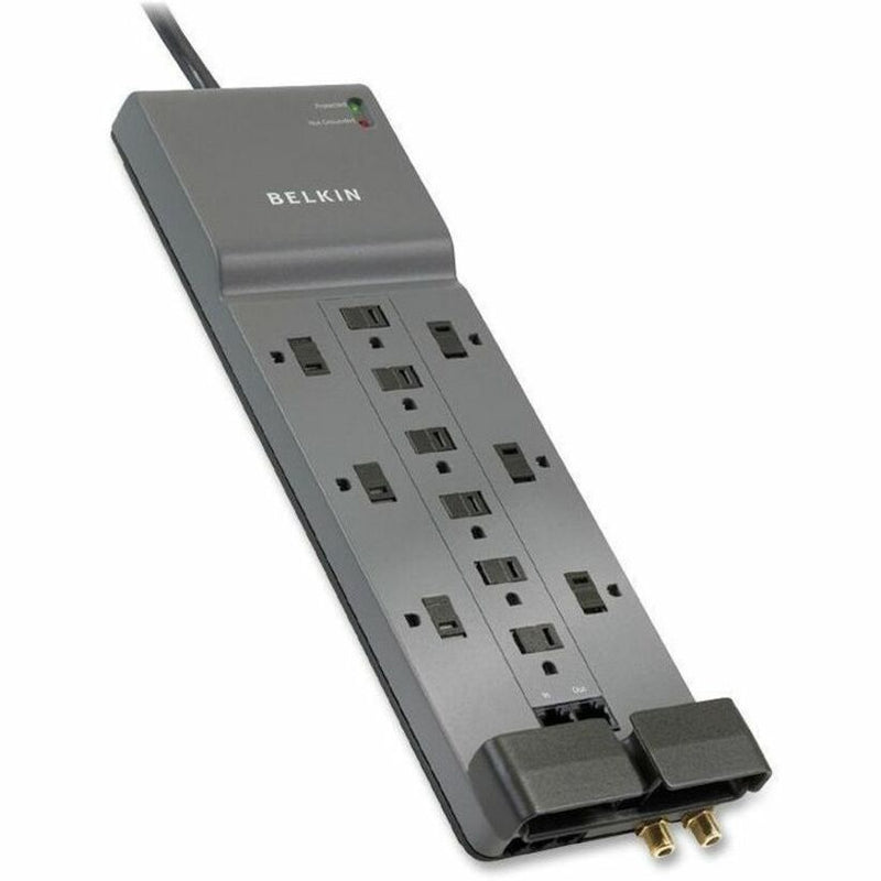 Belkin 12-outlet surge protector in gray showing multiple AC outlets, coaxial ports, and status indicator lights