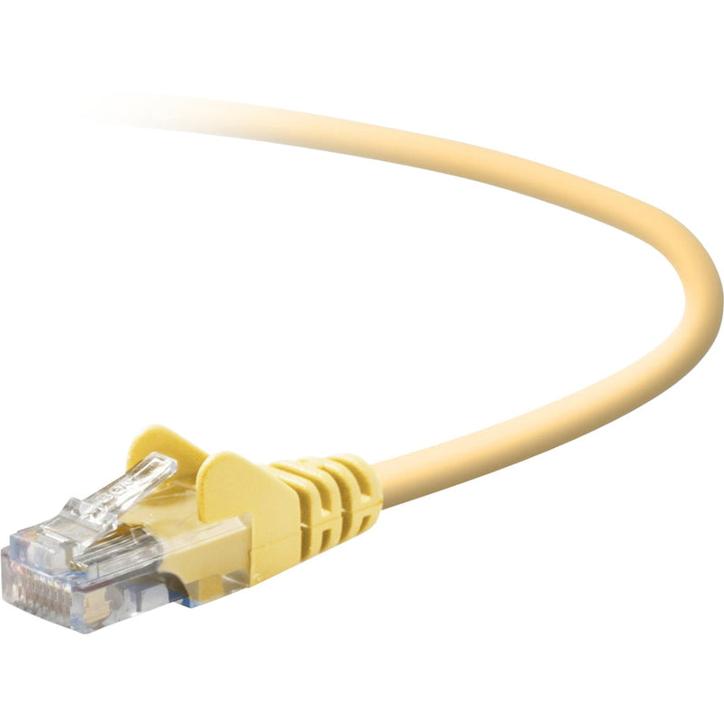 Yellow Belkin Cat5e ethernet patch cable with transparent RJ-45 connector and snagless boot design