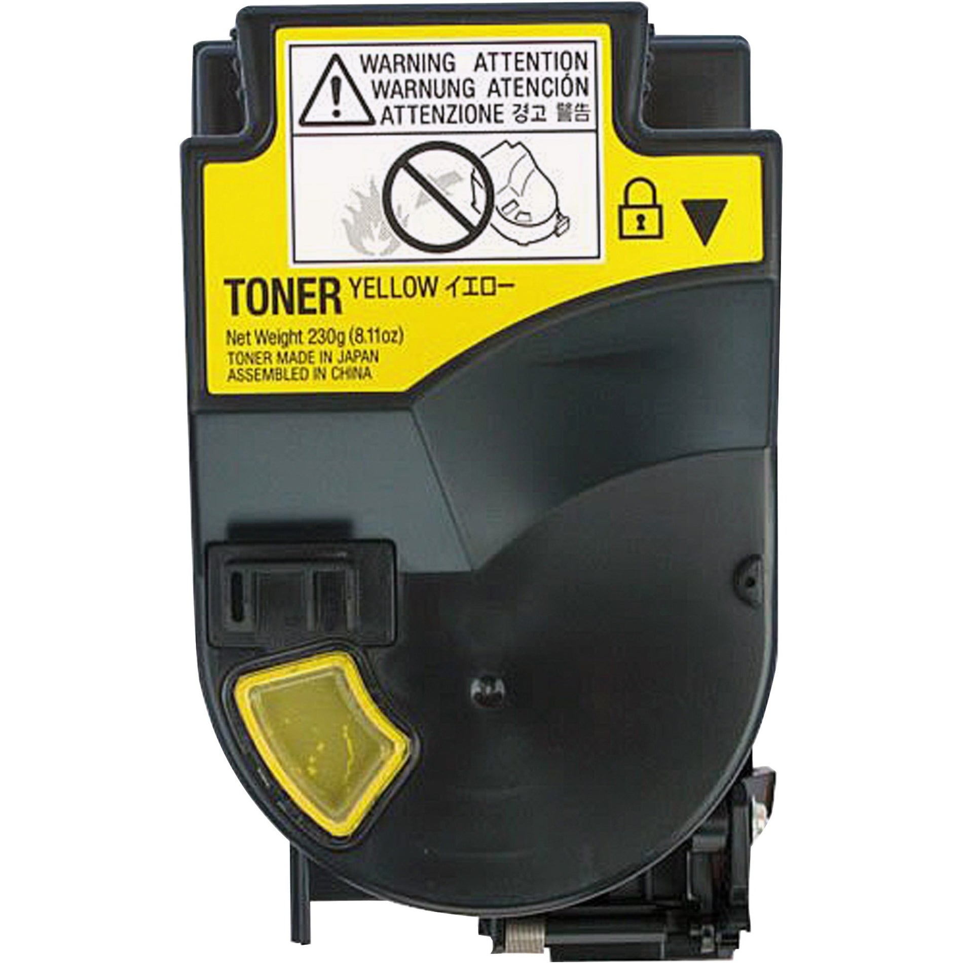 Front view of Konica Minolta yellow toner cartridge showing safety warning label and locking mechanism-alternate-image1