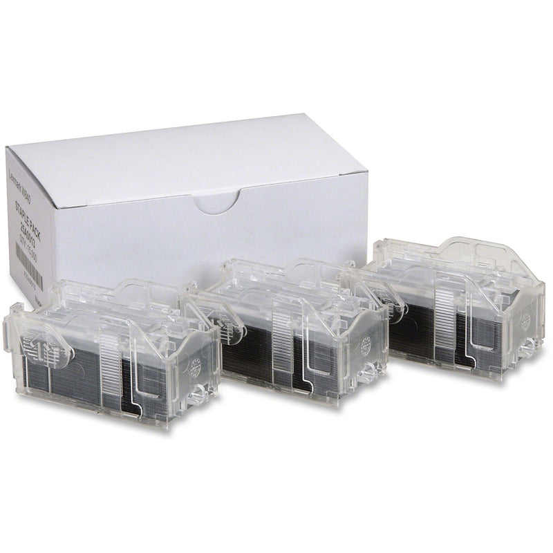 Lexmark 25A0013 3-pack staple cartridges showing three clear plastic cartridges with black staples inside, displayed next to white product box