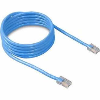 Blue Belkin Cat5e network patch cable with molded RJ-45 connectors coiled in a spiral showing 5-foot length