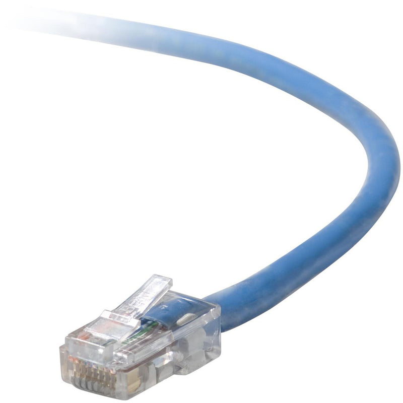 Close-up view of Belkin Cat.5E blue network cable with transparent RJ-45 connector showing internal copper conductors