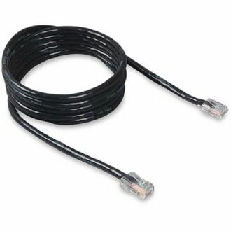 Black Belkin Cat 5e network patch cable with RJ-45 connectors coiled in circular shape