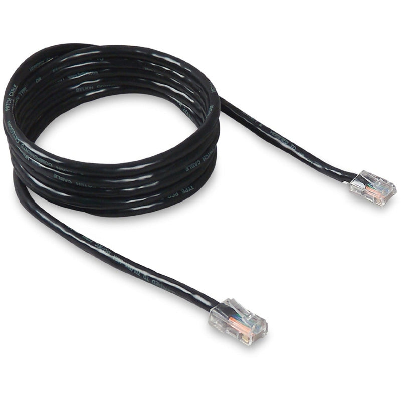 Black Belkin Cat 5e network patch cable with molded RJ-45 connectors, coiled to show 10-foot length