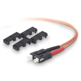 Belkin orange fiber optic cable with SC connectors and protective caps showing duplex configuration