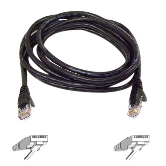 Belkin Cat6 network cable with RJ45 connectors and snagless boots, shown coiled with connector diagram