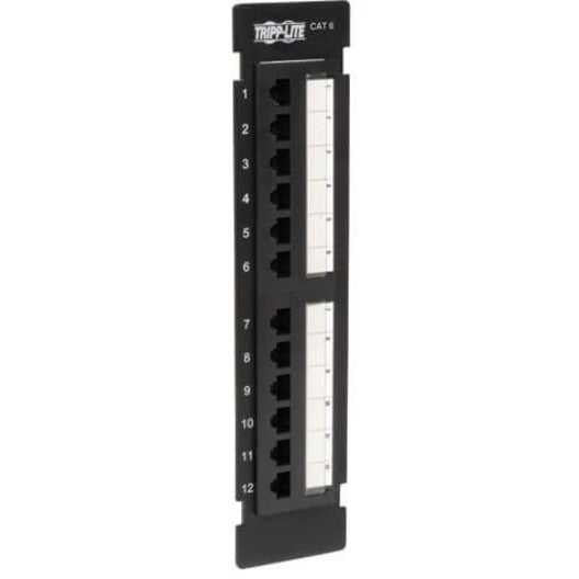 Angled view of patch panel highlighting port layout and numbering system