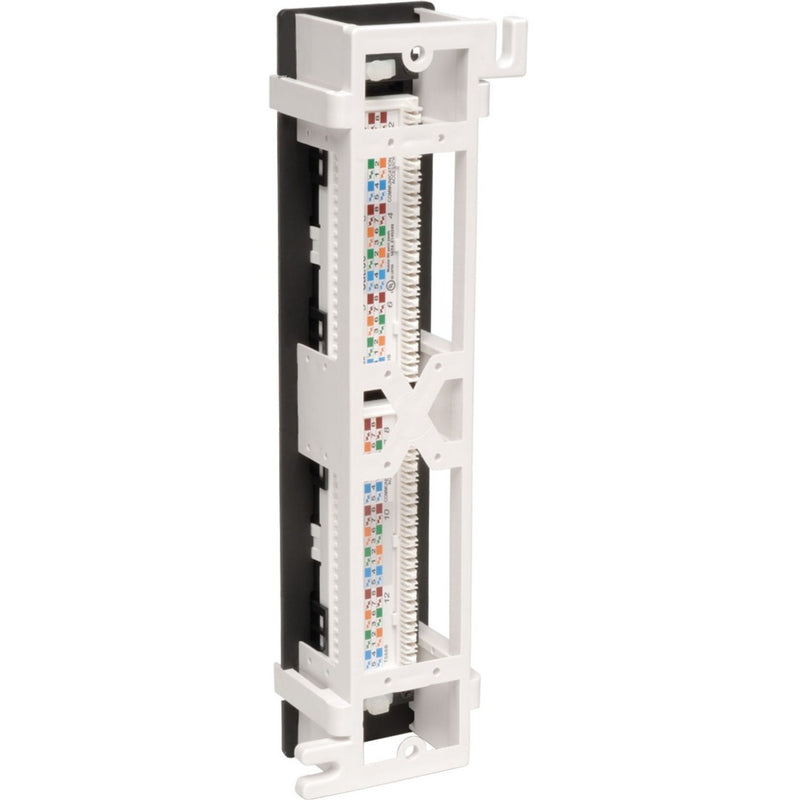 Rear view of patch panel showing 110-type termination blocks and color-coded wiring scheme