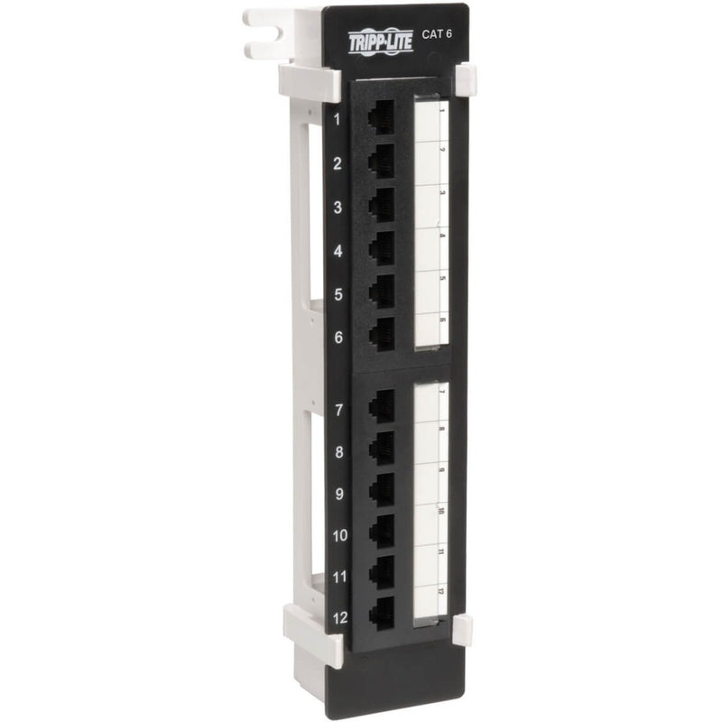 Front view of Tripp Lite N250-012 12-port Cat6 patch panel showing numbered ports and mounting brackets