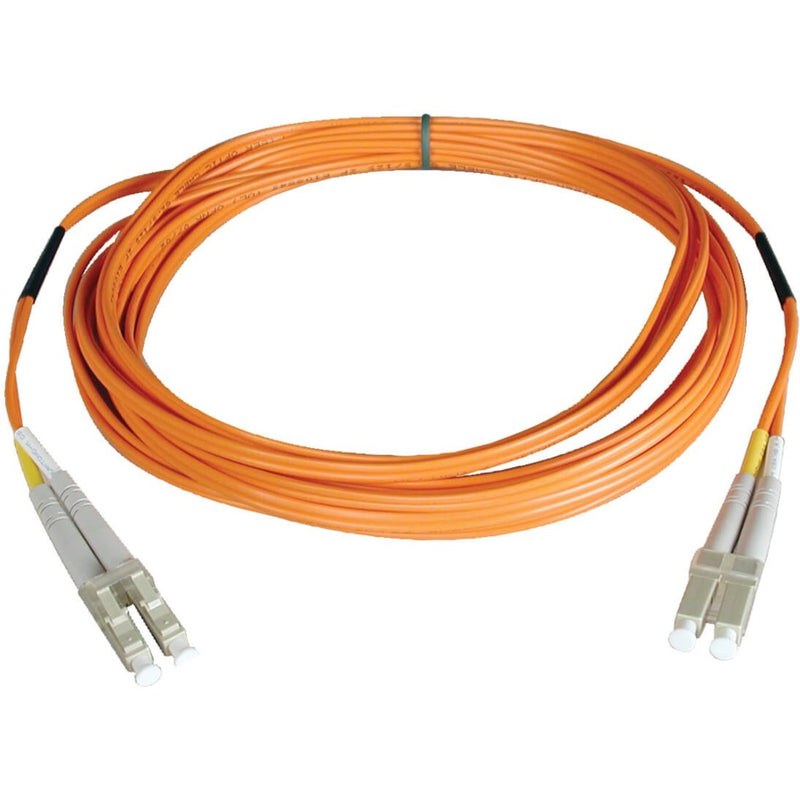 Tripp Lite orange fiber optic patch cable with LC connectors, 3.3 feet length, coiled view showing both terminations