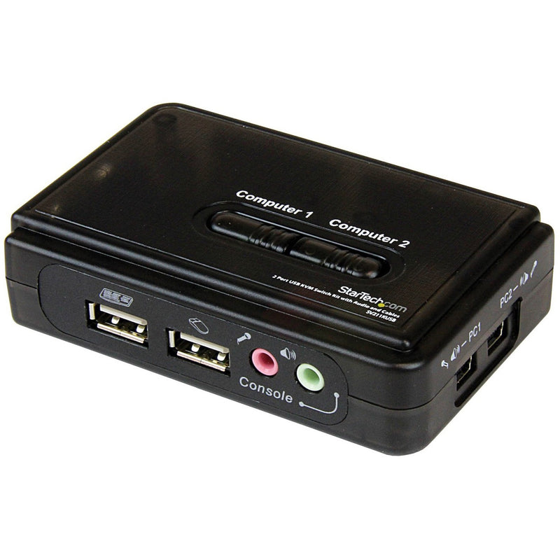 Front view of StarTech.com SV211KUSB KVM switch showing USB ports, audio jacks, and computer selection button