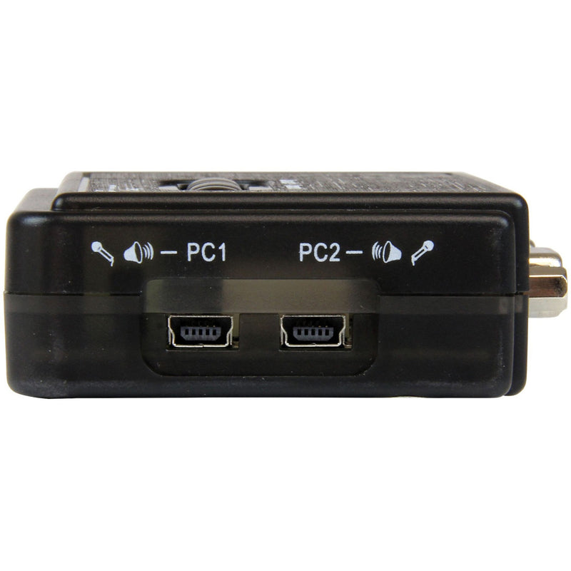 Close-up of StarTech KVM switch audio switching interface with PC1 and PC2 labels