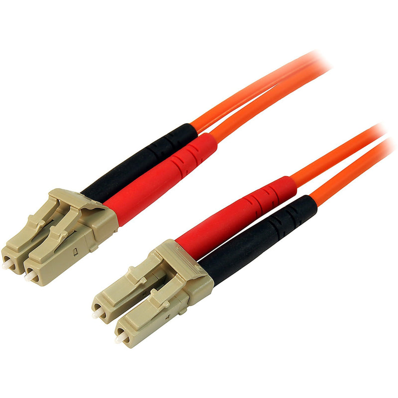 Close-up view of LC fiber optic connectors with orange cable showing duplex configuration and strain relief boots