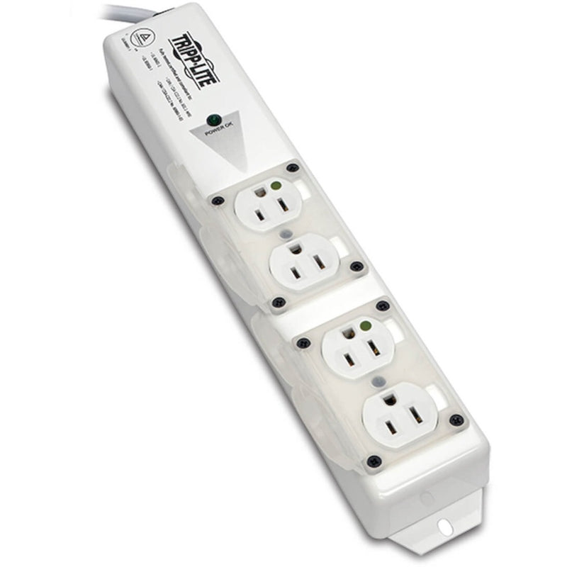 Close-up view of hospital-grade outlets with safety covers on medical power strip